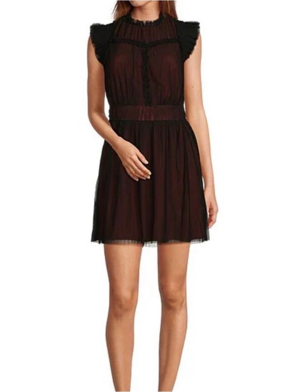 Adelyn Rae Red & Black Mini Dress Tulle Cap Sleeve Mock Neck Size M Party